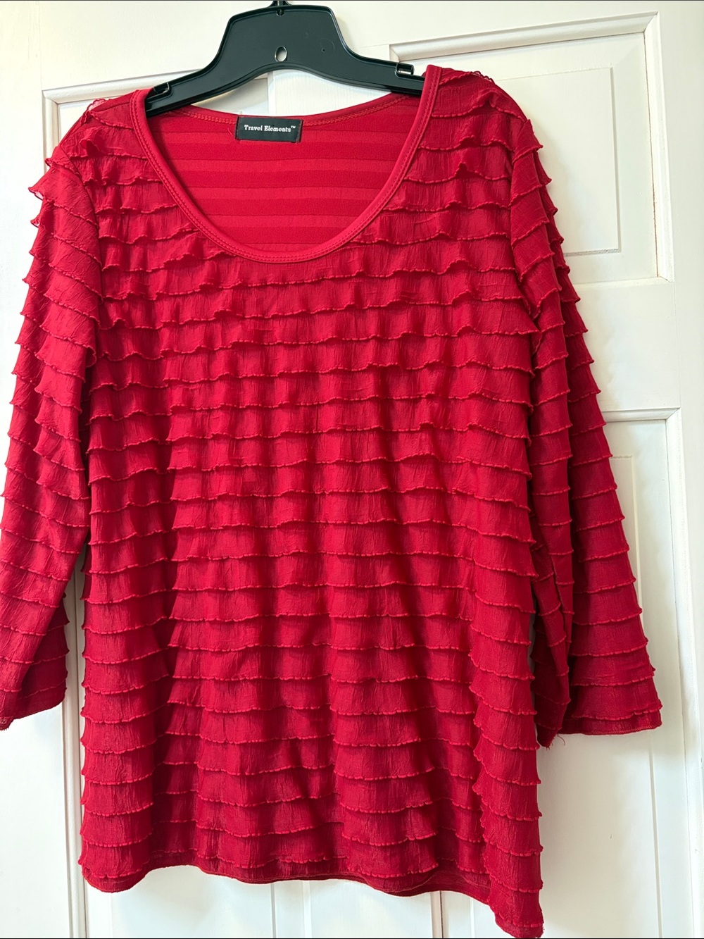 Travel Elements Red Ruffle-Stripe Scoop Neck Top